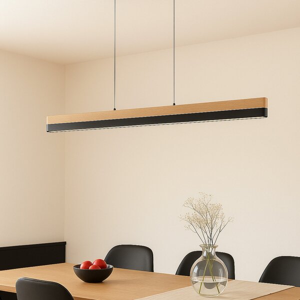 Lucande LED κρεμαστό φωτιστικό Holven, ξύλο, CCT, μήκος 113 cm, ρυθμιζόμενος, Ξύλου, Σαλόνι / τραπεζαρία, Ξύλο, σύγχρονο