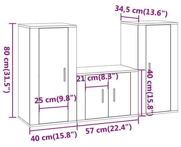 VidaXL Σετ Επίπλων Τηλεόρασης 3 Τεμαχίων Sonoma Δρυς Επεξ. Ξύλο