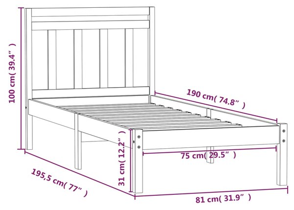 VidaXL Πλαίσιο Κρεβατιού Μαύρο 75 x 190εκ. από Μασίφ Ξύλο Small Single