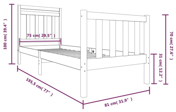 VidaXL Πλαίσιο Κρεβατιού Μαύρο 75 x 190εκ. από Μασίφ Ξύλο Small Single