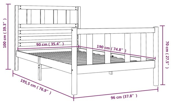 VidaXL Πλαίσιο Κρεβατιού Μαύρο 90 x 190 εκ. από Μασίφ Ξύλο Single
