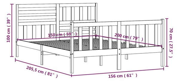 VidaXL Πλαίσιο Κρεβατιού Μαύρο 150 x 200 εκ. Μασίφ Ξύλο King Size
