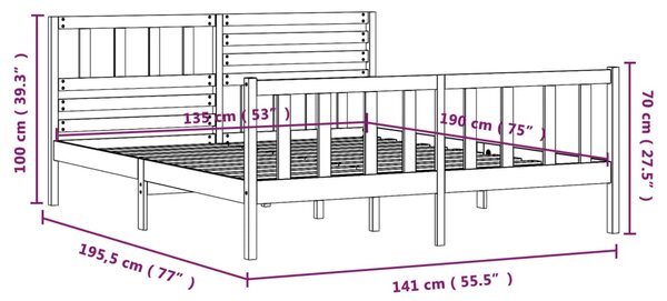 VidaXL Πλαίσιο Κρεβατιού Μαύρο 135x190 εκ. από Μασίφ Ξύλο Double