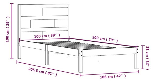 VidaXL Πλαίσιο Κρεβατιού Μαύρο 100 x 200 εκ. από Μασίφ Ξύλο Πεύκου