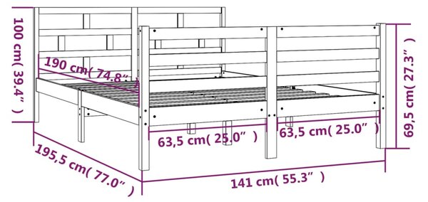 VidaXL Πλαίσιο Κρεβατιού Γκρι 135 x 190 εκ από Ξύλο Πεύκου Double