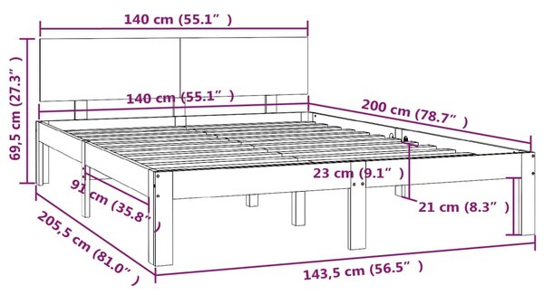 VidaXL Πλαίσιο Κρεβατιού Γκρι 140 x 200 εκ. από Μασίφ Ξύλο Πεύκου