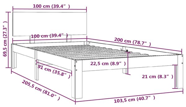 VidaXL Πλαίσιο Κρεβατιού Γκρι 100 x 200 εκ. από Μασίφ Ξύλο Πεύκου