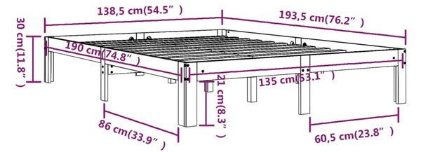 VidaXL Πλαίσιο Κρεβατιού Μαύρο 135x190 εκ. από Μασίφ Ξύλο Double