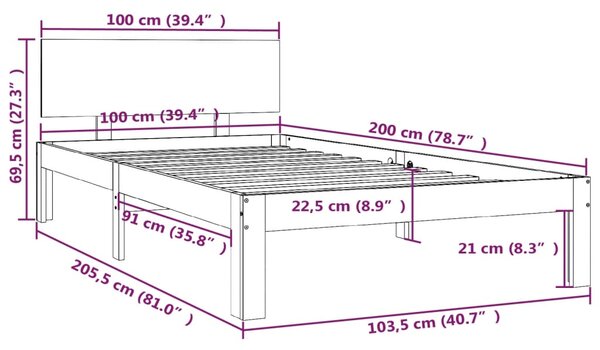 VidaXL Πλαίσιο Κρεβατιού 100 x 200 εκ. από Μασίφ Ξύλο Πεύκου