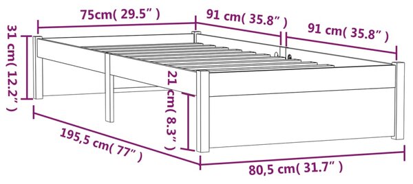 VidaXL Πλαίσιο Κρεβατιού 75 x 190 εκ. από Μασίφ Ξύλο Small Single