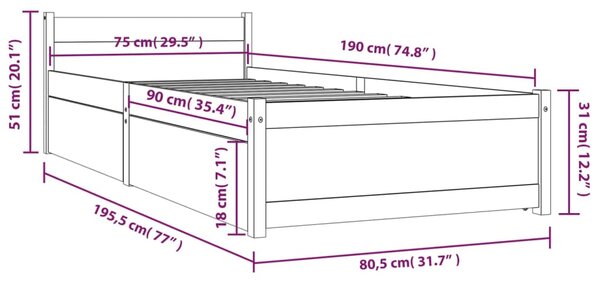 VidaXL Πλαίσιο Κρεβατιού Με Συρτάρια Μαύρο 75x190 εκ Small Single