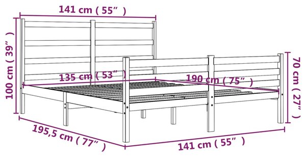VidaXL Πλαίσιο Κρεβατιού Γκρι 135 x 190 εκ. Μασίφ Ξύλο Πεύκου Double