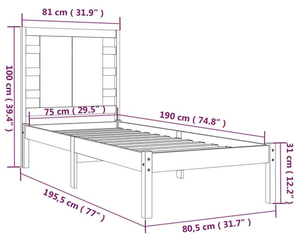 VidaXL Πλαίσιο Κρεβατιού Μαύρο 75 x 190εκ. από Μασίφ Ξύλο Small Single