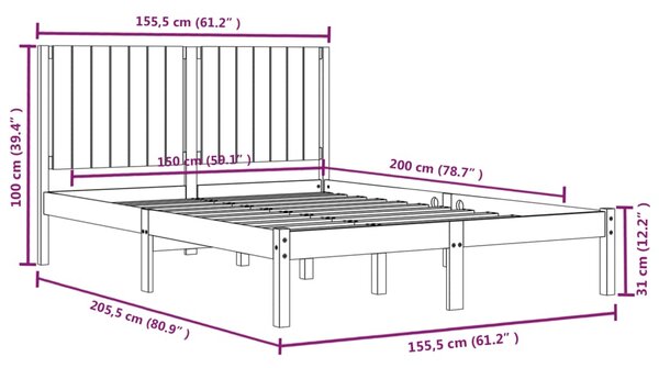 VidaXL Πλαίσιο Κρεβατιού Γκρι 150 x 200 εκ. Μασίφ Ξύλο King Size