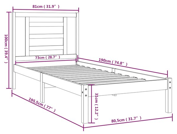 VidaXL Πλαίσιο Κρεβατιού Μαύρο 75 x 190εκ. από Μασίφ Ξύλο Small Single