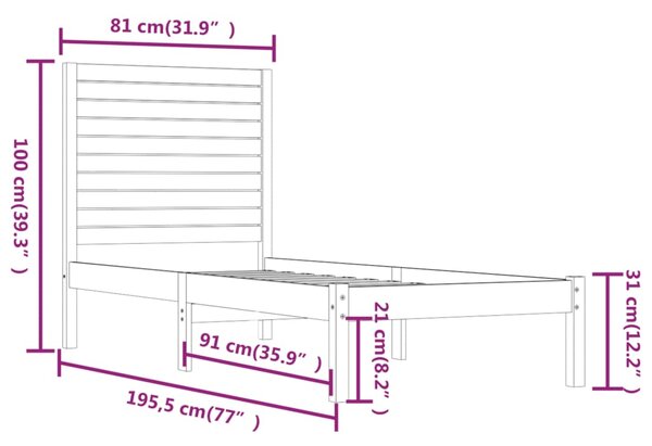 VidaXL Πλαίσιο Κρεβατιού Μαύρο 75 x 190εκ. από Μασίφ Ξύλο Small Single