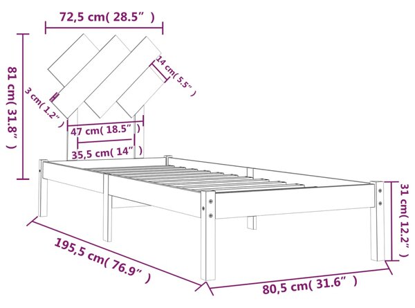 VidaXL Πλαίσιο Κρεβατιού Μαύρο 75 x 190εκ. από Μασίφ Ξύλο Small Single