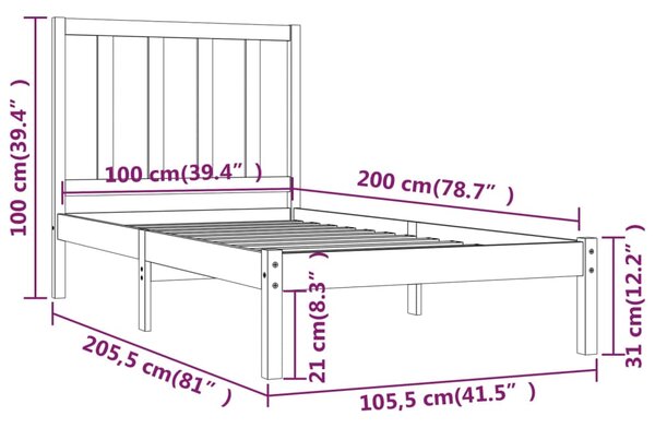 VidaXL Πλαίσιο Κρεβατιού Καφέ Μελί 100 x 200 εκ. Μασίφ Ξύλο Πεύκου