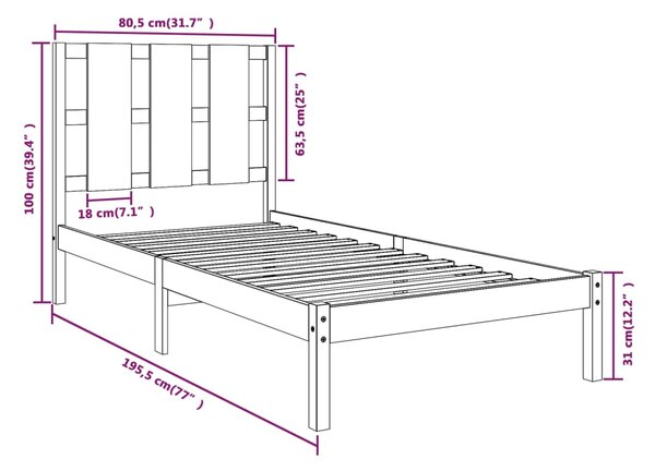 VidaXL Πλαίσιο Κρεβατιού Μαύρο 75 x 190εκ. από Μασίφ Ξύλο Small Single