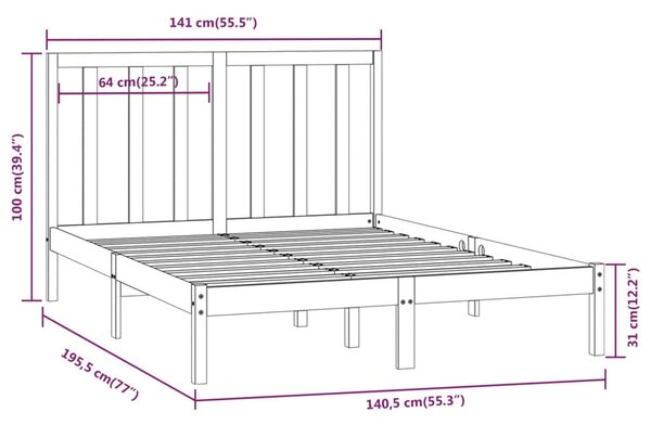 VidaXL Πλαίσιο Κρεβατιού Γκρι 135 x 190 εκ. Μασίφ Ξύλο Πεύκου Double