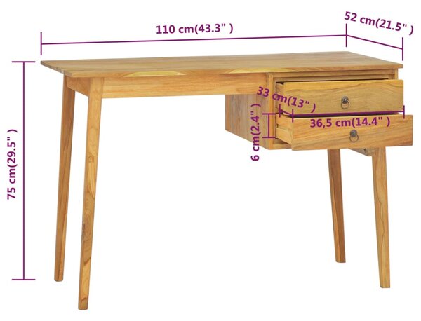 VidaXL Γραφείο με 2 Συρτάρια 110 x 52 x 75 εκ. από Μασίφ Ξύλο Teak