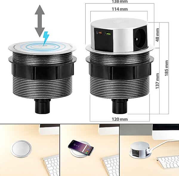 Solight PP120CW-PD20- Πολύπριζο γραφείου με Qi 3x230V+1xUSB-A+1xUSB-C