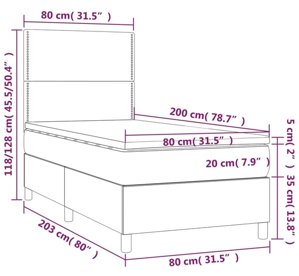 VidaXL Κρεβάτι Boxspring με Στρώμα & LED Σκ.Γκρι 80x200 εκ. Υφασμάτινο