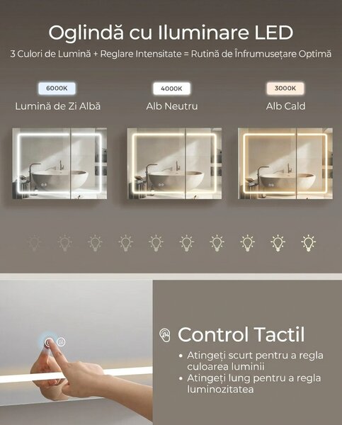 Ντουλάπι Μπάνιου με Καθρέφτη και LED, Tiago, Λευκό, 80x60x16.5 cm