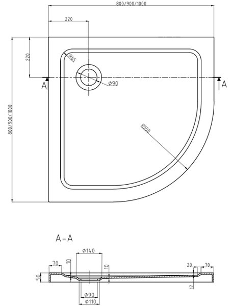 Mexen Flat ημικυκλική καμπίνα ντους slim 100 x 100 cm, μαύρη, σιφών μαύρο - 41701010B