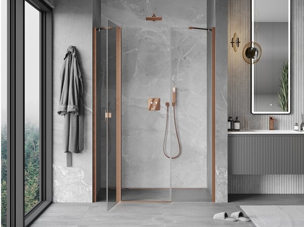 Mexen Mist καμπίνα ντους αναδιπλούμενη 140 cm, διάφανη, βουρτσισμένος χαλκός