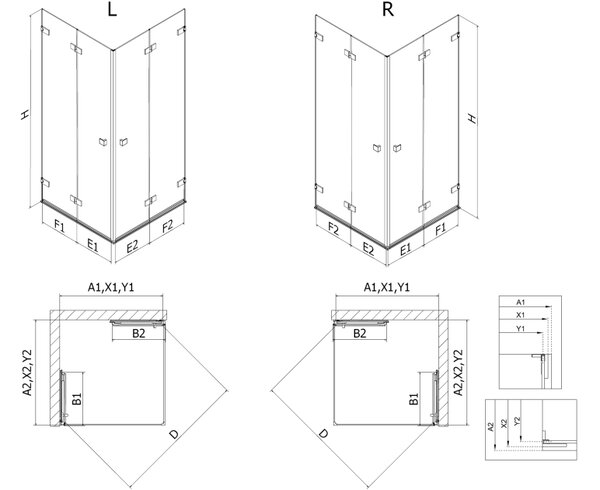 Mexen Lunar-F Διπλή αναδιπλούμενη καμπίνα ντους 70 x 70 cm, διάφανη, χρωμίου