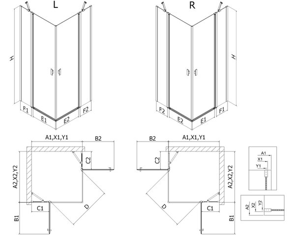 Mexen Mist Διπλή καμπίνα ντους με άνοιγμα 70 x 70 εκ., διαφανής, βουρτσισμένος