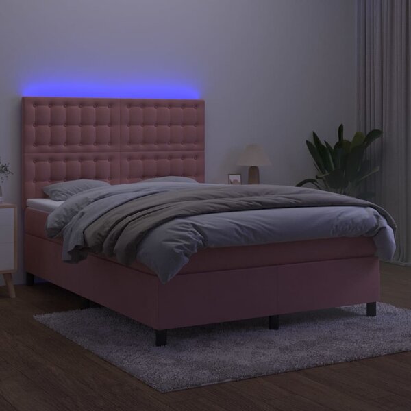 VidaXL Κρεβάτι Boxspring με Στρώμα & LED Ροζ 140x190 εκ. Βελούδινο