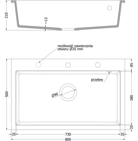 Mexen Elix νεροχύτης γρανίτης μονής λεκάνης 800 x 500 mm, μαύρος, σιφόνι χρώμιο