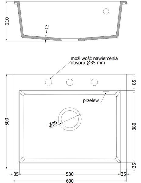 Mexen Elix νεροχύτης από γρανίτη 1-διαμέρισμα 600 x 500 mm, μαύρος, σιφόνι