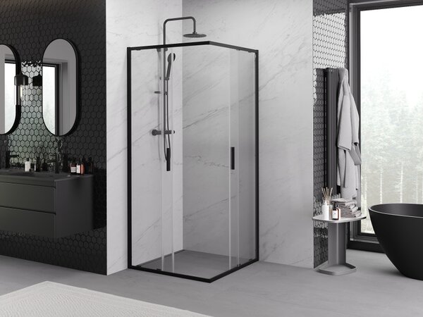 Mexen Exo τετράγωνη συρόμενη καμπίνα ντους 80 x 80 cm, διαφανής, μαύρη