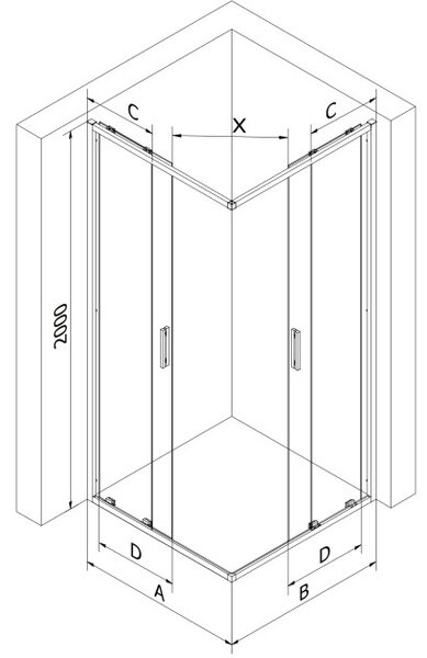 Mexen Exo τετράγωνη συρόμενη καμπίνα ντους 80 x 80 cm, διαφανής, μαύρη