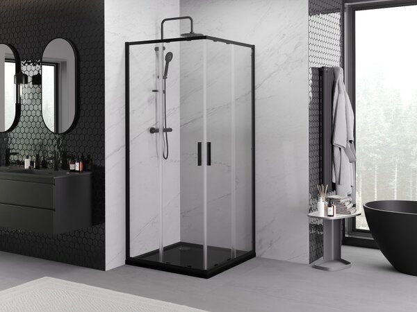 Mexen Exo τετράγωνη συρόμενη καμπίνα ντους 80 x 80 cm, διαφανής, μαύρη