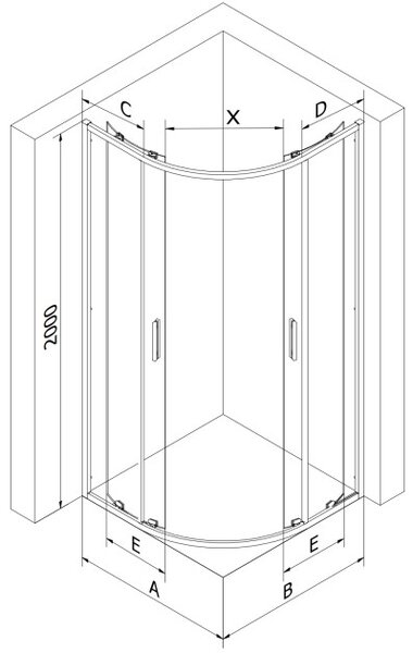 Mexen Exo ασύμμετρη συρόμενη κυρτή ντουζιέρα 90 x 80 cm, διαφανής, χρώμιο
