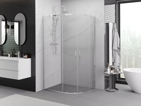 Mexen Exo ασύμμετρη συρόμενη κυρτή ντουζιέρα 90 x 80 cm, διαφανής, χρώμιο