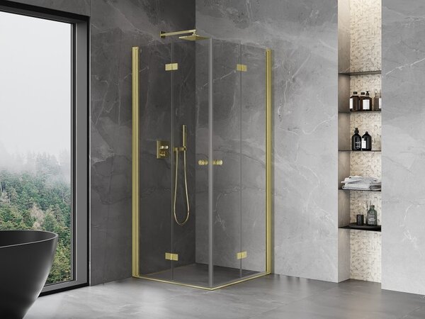 Mexen Mist-F Διπλή πτυσσόμενη καμπίνα ντους 90 x 90 cm, διάφανη, χρυσή ματ