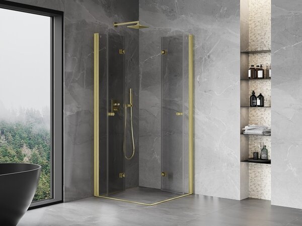 Mexen Mist-F Διπλή πτυσσόμενη καμπίνα ντους 90 x 90 cm, διάφανη, χρυσή ματ