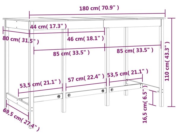 VidaXL Τραπέζι Μπαρ μαύρος 180 x 80 x 110 εκ. από Μασίφ Ξύλο Πεύκου