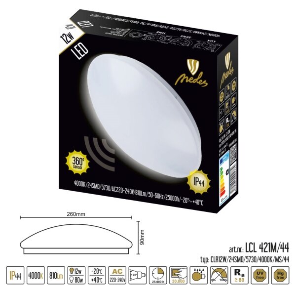 Φως οροφής μπάνιου LED LED/12W/230V με αισθητήρα IP44