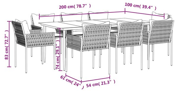 VidaXL Σετ Τραπεζαρίας Κήπου 9 τεμ. Συνθ. Ρατάν / Ατσάλι με Μαξιλάρια