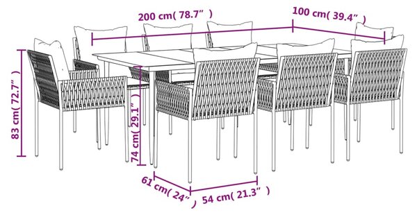 VidaXL Σετ Τραπεζαρίας Κήπου 9 τεμ. Συνθ. Ρατάν / Ατσάλι με Μαξιλάρια