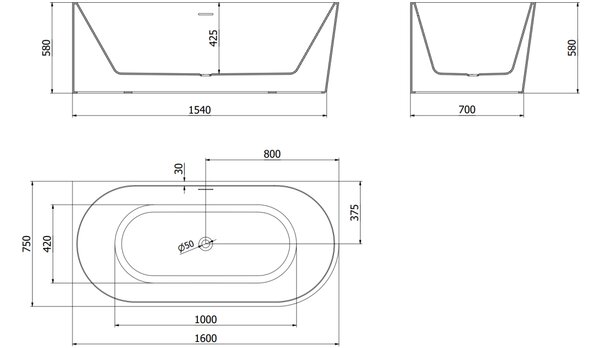 Mexen Mia Ελεύθερη μπανιέρα γωνιακή αριστερή 160 x 75 εκ., λευκή, υπερχείλιση