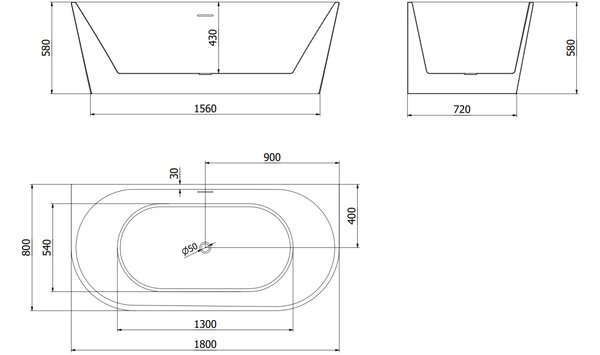Mexen Oval ελεύθερη μπανιέρα κατά μήκος του τοίχου 180 x 80 cm, λευκή, με μαύρη