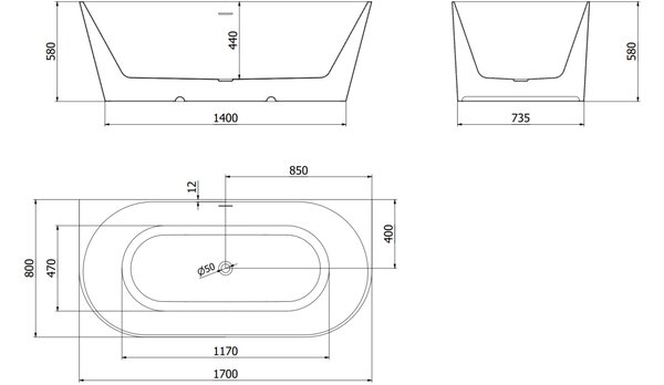 Mexen Oval Slim ελεύθερη μπανιέρα γωνιακή 170 x 80 cm, λευκή, λευκή υπερχείλιση