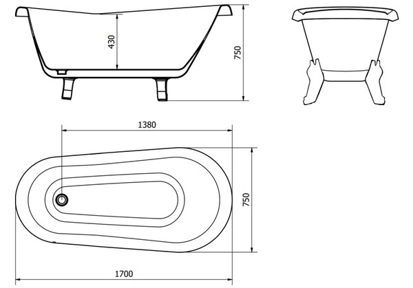 Mexen Retro μπανιέρα ελεύθερης τοποθέτησης 170 x 75 cm, λευκή, πόδια χρυσά